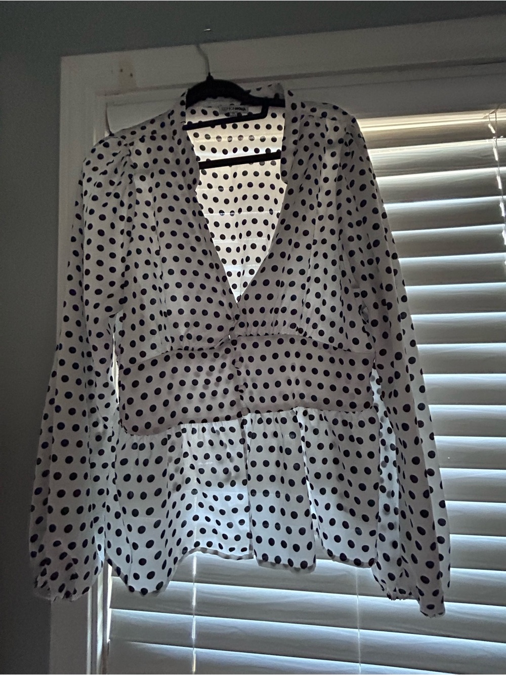 Fashion Nova White Blouse with Black Polka Dots